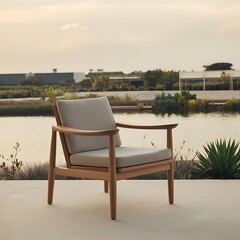 Fototapeta premium Outdoor wooden chair on balcony with ocean view – stylish and minimal furniture design at sunset