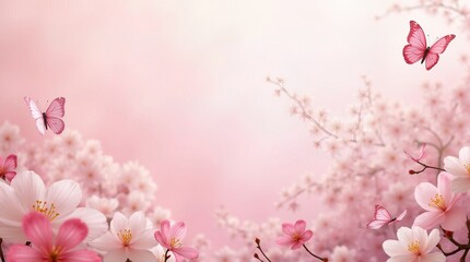 Naklejka premium Spring time. Spring pink background with sakura flowers and butterflies Floral background.