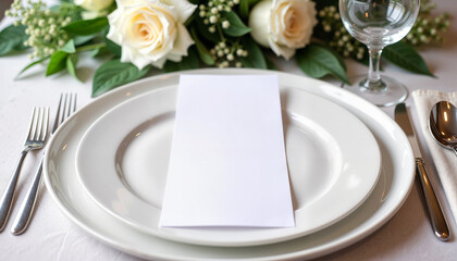 A beautifully set wedding table featuring a neatly folded white napkin placed on a white ceramic plate, surrounded by fresh white roses. Perfect for elegant wedding branding