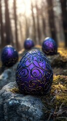Happy Easter Sunday background, A group of black and deep purple Easter eggs with metallic filigree detailing, scattered on an ancient stone surface, with a blurred dark enchanted forest 