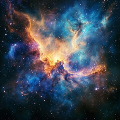 Fototapeta premium Vivid depiction of a colorful cosmic nebula against a starry background