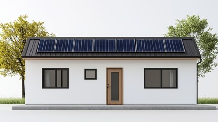 A modern house with solar panels on the roof, featuring large windows and surrounded by greenery, emphasizing sustainable living and eco-friendly design.