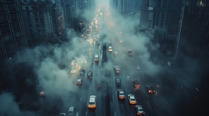 Naklejka premium Dense fog of smoke from cars during rush hour, urban pollution and traffic 