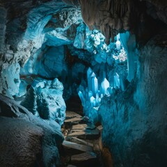 Mysterious blue crystal cave stimulating adventure concept