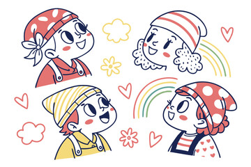 62 Colorful cartoon characters, simple line drawings, diverse facial expressions, whimsical portraits, childlike art style, vibrant colors, various hairstyles, minimalist design, cute illustrations, d