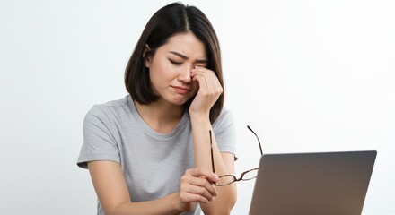 A woman with a headache sits at a table, feeling overwhelmed by stress.
