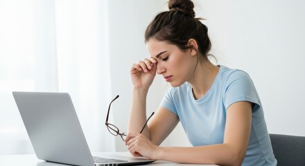Frustrated woman experiences burnout while working, trying to ease a headache.
