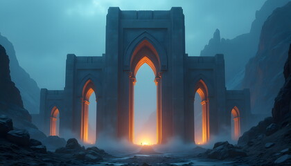3D Rendering of an Epic Fantasy Gateway in a Mysterious Mountainous Realm