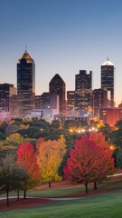 Fototapeta premium Atlanta skyline at dusk with autumn trees in Piedmont Park