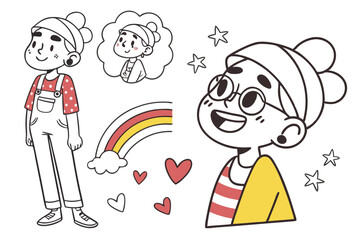 62 Colorful cartoon characters, simple line drawings, diverse facial expressions, whimsical portraits, childlike art style, vibrant colors, various hairstyles, minimalist design, cute illustrations, d