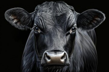 Naklejka premium Captivating portrait of a cow against a dark backdrop.