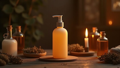 Wellness Aesthetic Luxury Skincare Bottle Mockup in a Warm Candlelit Ambience