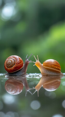 Snails interacting on a reflective surface with a blurred green background  