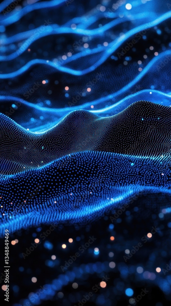 Poster abstract blue wave patterns with shimmering lights in dark background