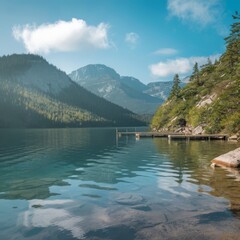 Obraz premium Serene mountain lake with wooden dock and clear water