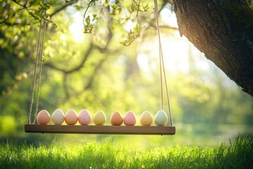 Happy Easter Sunday background, close up of Easter eggs lined up on a wooden swing hanging from a large oak tree in a quiet meadow