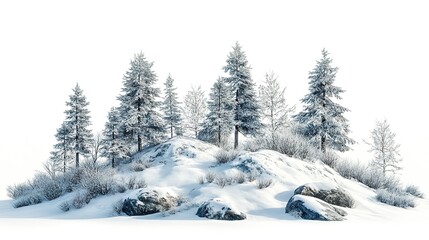 Naklejka premium Snow covered evergreen trees and shrubs on a small hill