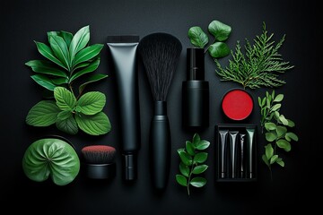 Stylish flat lay of black beauty products surrounded by lush green leaves on a dark background for a modern aesthetic.
