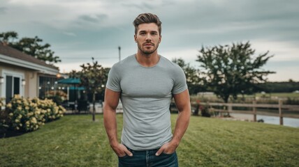 Handsome man front of home house summer