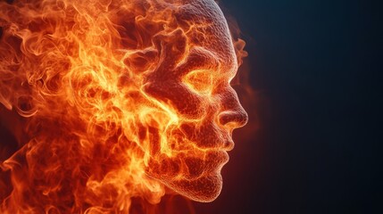 Fiery Abstract Portrait of a Human Face Surrounded by Flames and Glowing Embers in Dark Background