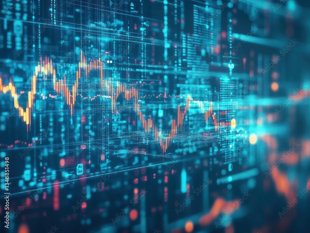 Poster digital financial market data visualization with trends and graphs