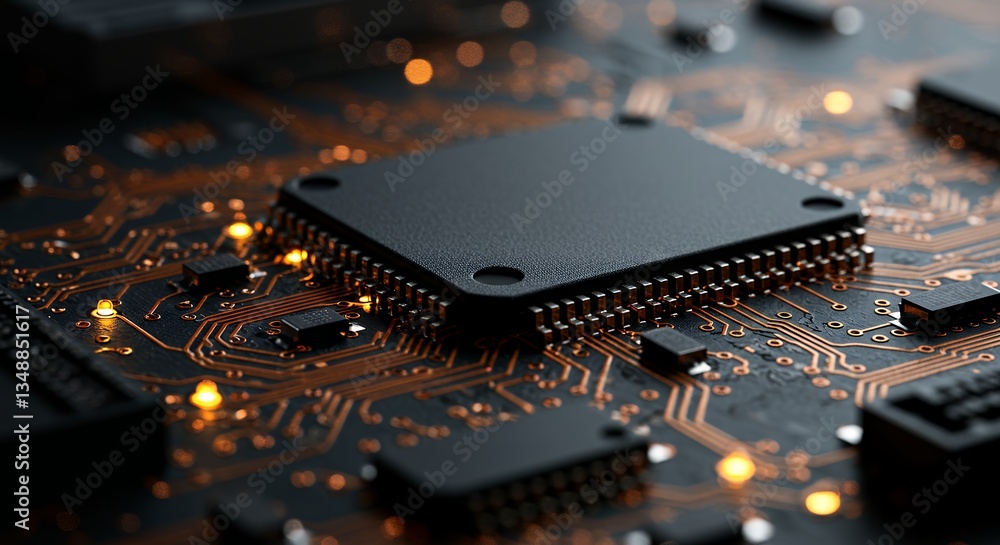 Poster intricate circuit board with microchip technology and orange traces