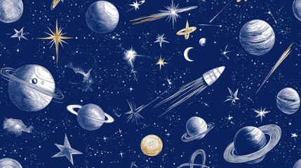 Fototapeta premium Celestial Pattern of Planets, Stars, and Rockets. Night Sky