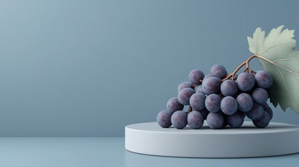 Bunch of grapes on a white circular base. the grapes are dark purple in color and appear to be fresh and ripe. the base is made of a light grey material and has a smooth surface.