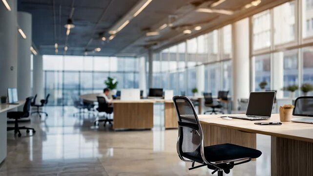 Coworking space in a modern open plan office with desks, computers, and chairs, suggesting a collaborative and productive work environment.