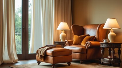 interior luxury apartment comfortable suite lounge Cozy Reading Nook with Oversized Leather Armchair, Soft Natural Light, and Warm Earthy Accents