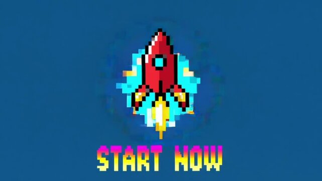 Pixel design inspired by retro 80s arcade games. A red pixel rocket is charging on a blue background, with flickering lights and fire building up underneath. The glowing text Start Now
