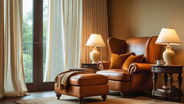interior luxury apartment comfortable suite lounge Cozy Reading Nook with Oversized Leather Armchair, Soft Natural Light, and Warm Earthy Accents - Powered by Adobe