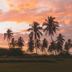 Beautiful landscape silhouette of sugar palm tree on orange sky at twilight time