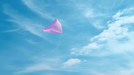 Pink kite flying in a clear blue sky. the kite is in the shape of a triangle and is attached to a long white string.