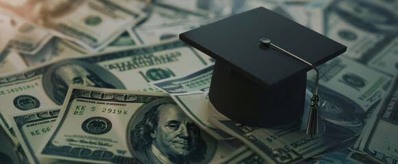 Campus cap hat banknote money debt loan education finance price crisis issue problem concepts currency graduation investment.