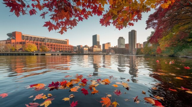 Boston skyline and Harvard Stadium across Charles River in autumn