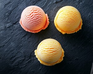 Fototapeta premium Three scoops of yellow and orange ice cream placed on dark slate surface creating a vibrant frozen dessert presentation with strong visual contrast and smooth creamy texture