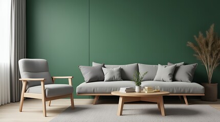 Wooden coffee table and lounge chair near gray sofa against green wall. Scandinavian home interior design of modern living room.