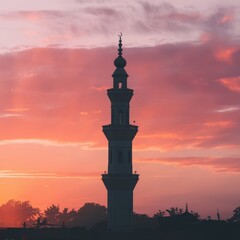Silhouette of mosque minaret on sunrise sky