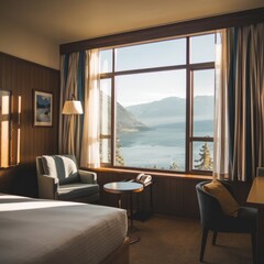 Bedroom in hotel with a view of the morning.