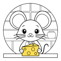 Hungry Cartoon Mouse Eating a Wedge of Cheese