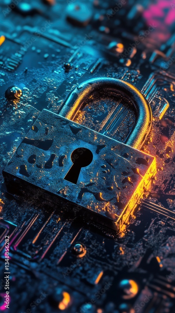 Poster close-up of a rusty padlock on a colorful circuit board