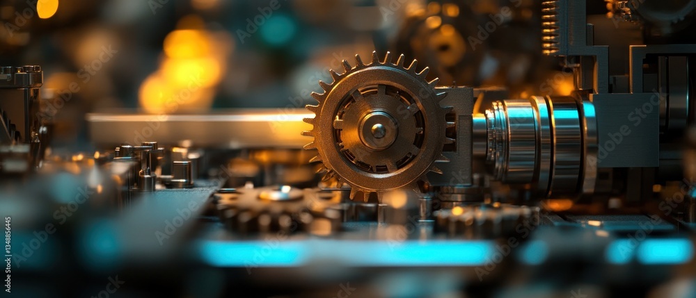 Poster intricate close-up of gleaming gears in a complex machine