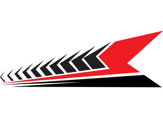 Bright striped sports pattern. Abstract arrow. Red and black design element on a white background. Racing application on the body of a car, boat, toy, sportswear. Vector background. Speed