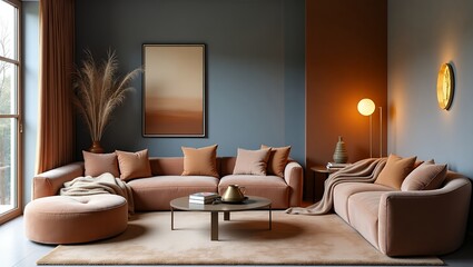 A photo of a stylish, luxurious lounge area featuring a plush, oversized armchair with tufted velvet upholstery, warm, golden lighting, and sculptural decor pieces, such as a statement art piece 