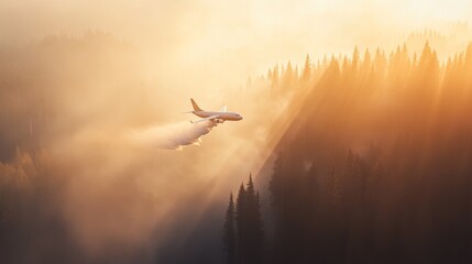 plane extinguishes fire flying low over forest, Firefighting aircraft dropping crimson suppressant near wildfire landscape