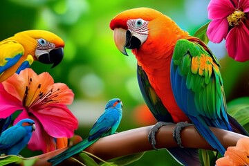 Lively 3D Wallpaper Featuring Exotic Parrots in a Vibrant Garden