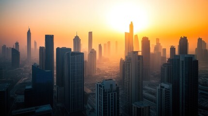 Fototapeta premium Gleaming skyscrapers towering over modern city skyline, bathed in warm golden light at early morning sunrise
