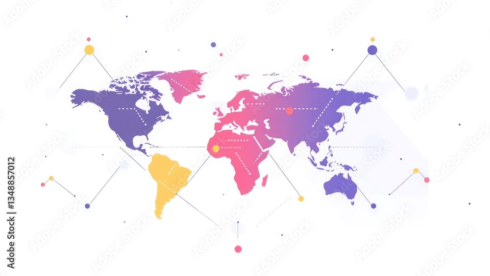 Poster colorful abstract world map with interconnected dots and lines