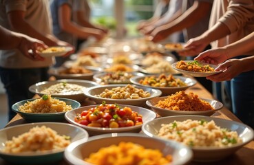 Family potluck party. People serve themselves food from buffet table. Various dishes include rice, pasta, salads. Dinner event, celebration, friends, community, sharing meal.